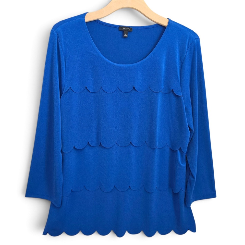 Talbots Top Blouse Large L Royal Cobalt Blue Tiered Scalloped 3/4 Sleeve Scoop